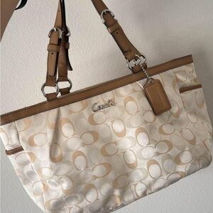 Coach Cream and Tan Signature Tote with Leather Trim